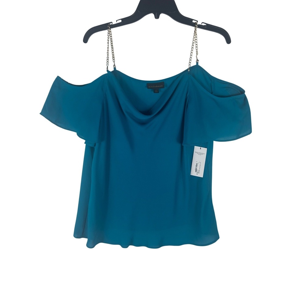 Bold Elements Polynesian Blue Cold Shoulder‎ Chain Strap Cowl Neck Blouse L NWT